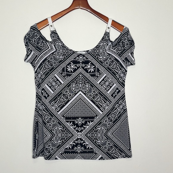 Cache Tops - Cache Vtg Top Large Cold Shoulder Black White‎ Leather Straps Stretch Date Night